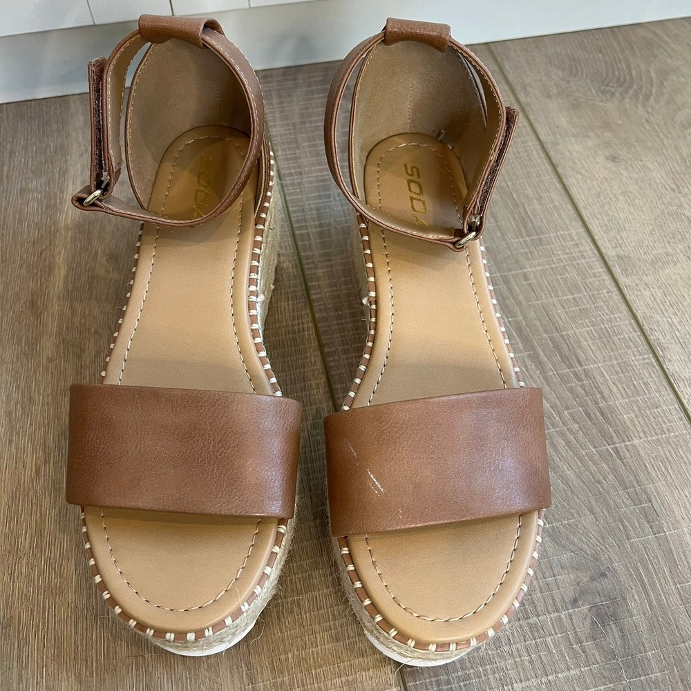 Soda Platform Wedge Sandals Cognac Brown Espadrille Ankle Strap Size‎ 9 - Picture 3 of 9